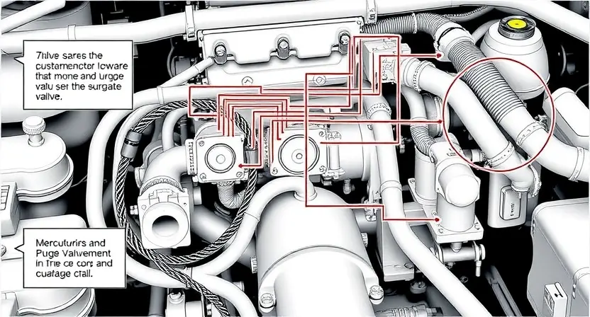 A detailed schematic diagram of an automotive engine control system, highlighting the electromagnetic purge valve and its associated wiring. The diagram should clearly show the valve's position, connections to sensors and actuators, and the relevant circuit paths. Focus on the valve itself and its immediate surroundings within the engine bay context.
