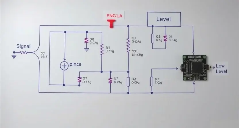 A detailed schematic diagram of an electrical control circuit, highlighting a signal level indicator and showing a low signal level. Include components like resistors, capacitors, and a microcontroller. The circuit should be visually clear and easy to understand, with labels for each component.