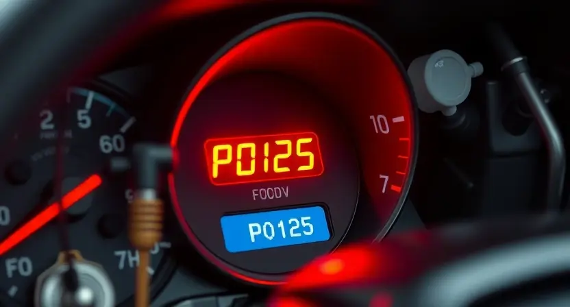 A close-up of a car dashboard with a glowing check engine light and a diagnostic code display showing 'P0125', surrounded by subtle mechanical elements like coolant hoses and temperature sensors, in a clean, technical automotive workshop setting with soft ambient lighting