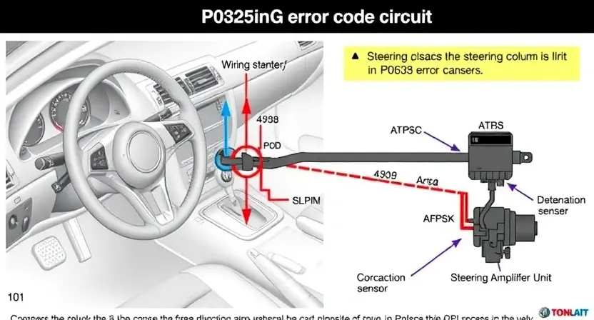 A detailed illustration of a car's steering column with a visual representation of the P0636 error code circuit. Include wiring diagrams, sensors, and the steering amplifier unit. Focus on clarity and technical accuracy.