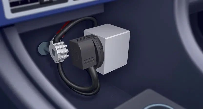A close-up, detailed illustration of an electronic parking brake switch and its wiring harness inside a car's center console. Focus on the wiring connections and the switch mechanism. The image should clearly show the components of the electronic parking brake system. The background should be blurred to emphasize the switch and wiring.