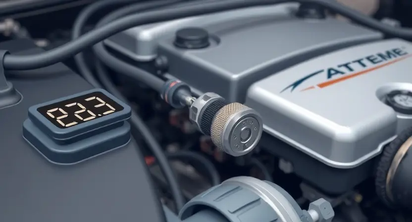 A detailed illustration of an engine bay with a focus on the oil temperature sensor. The sensor should be clearly visible, connected to wiring, and near the engine block. Include a digital display showing the oil temperature reading. The background should be slightly blurred to emphasize the sensor.