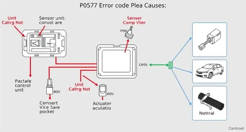 A detailed illustration of a cruise control system with various components like the control unit, sensor, and actuator. Highlight the P0567 error code and its potential causes with visual cues.