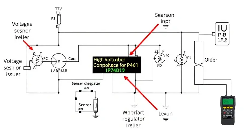 A detailed schematic diagram of a sensor circuit, highlighting the P24D1 error code and indicating potential high voltage issues. Include visual representations of the sensor, voltage regulators, and diagnostic tools. Focus on clarity and technical accuracy.