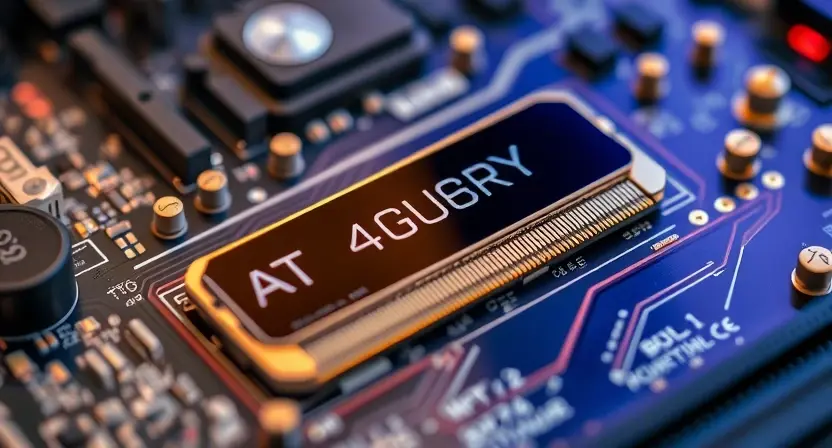 A close-up, detailed illustration of a computer motherboard with a highlighted memory module. The memory module should be clearly visible, with subtle glowing lines indicating data flow. Focus on the intricate circuitry and components surrounding the memory. The background should be blurred, emphasizing the memory module as the central element.
