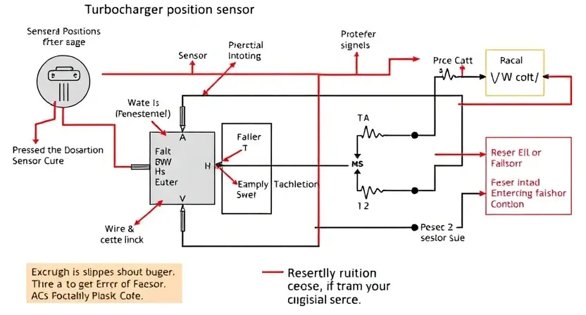 A detailed schematic diagram of a turbocharger position sensor circuit, highlighting the sensor, wiring, and potential failure points. Include visual representations of electrical signals and possible error conditions.