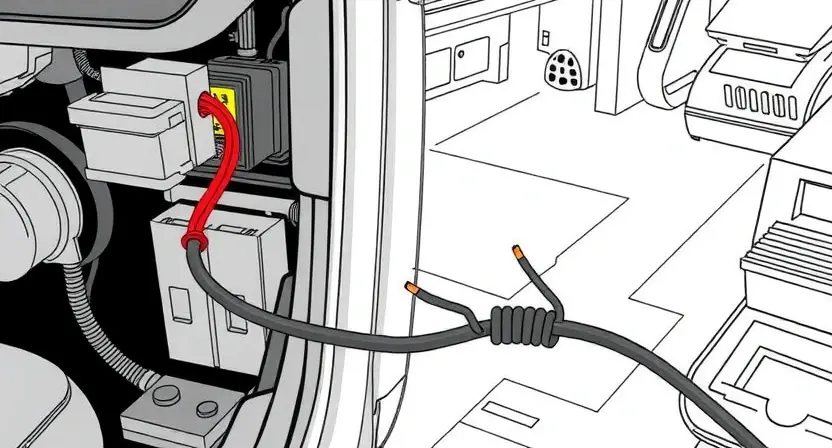 A detailed illustration of a car wiring diagram, specifically highlighting a broken wire. The diagram should show a section of the car's electrical system with a clearly marked, severed wire. The background should be a clean, technical workspace.