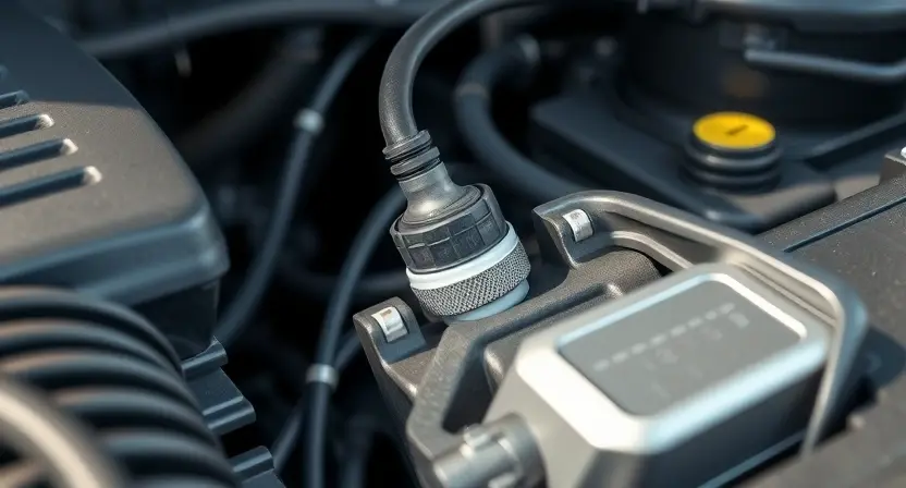 A close-up, detailed illustration of a car's engine bay with a focus on the coolant temperature sensor and related hoses. The sensor should be clearly visible, and the surrounding components should be realistically rendered. The overall lighting should be bright and clean, highlighting the mechanical details. The background should be slightly blurred to emphasize the engine components.