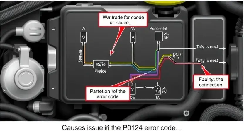A detailed illustration of an automotive engine control unit (ECU) with wiring diagrams highlighting a potential issue in the A circuit. Focus on visual representation of the circuit and possible causes of a P0124 error code. Include visual cues suggesting a faulty sensor or connection.
