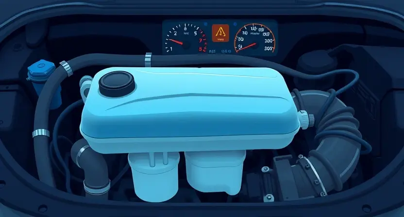 A digital illustration depicting a car engine bay with a low coolant level. Focus on the coolant reservoir with a visible low level indicator, and hoses connected to the engine. Include warning lights on the dashboard indicating a critical system issue. The overall color scheme should be realistic, with cool tones dominating.