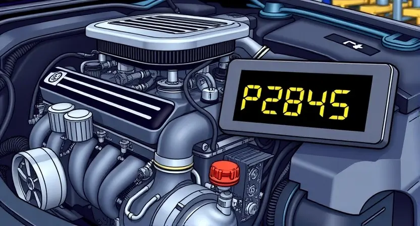 A detailed illustration of a car engine with a highlighted error code P2845 displayed on a digital dashboard. The engine should be realistically rendered, showing various components like pistons, valves, and belts. The dashboard should clearly show the error code and accompanying warning light. The background should be a slightly blurred garage setting.