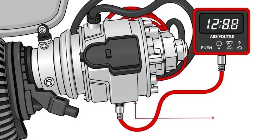 A high-quality technical illustration of an automotive ABS pump showing low voltage supply issues, with visible wiring, connectors, and a multimeter display indicating low voltage, clean background, technical diagram style, no text or labels on the image