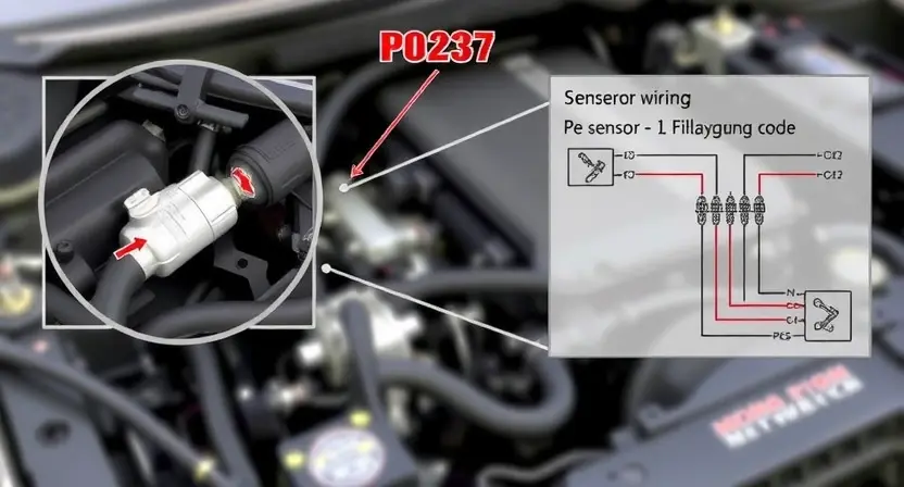A detailed illustration of a car's engine bay, focusing on the sensor and wiring related to the P0237 error code. Include visual representations of the sensor itself, the wiring harness, and a schematic diagram highlighting the relevant connections. The background should be a slightly blurred engine bay environment.