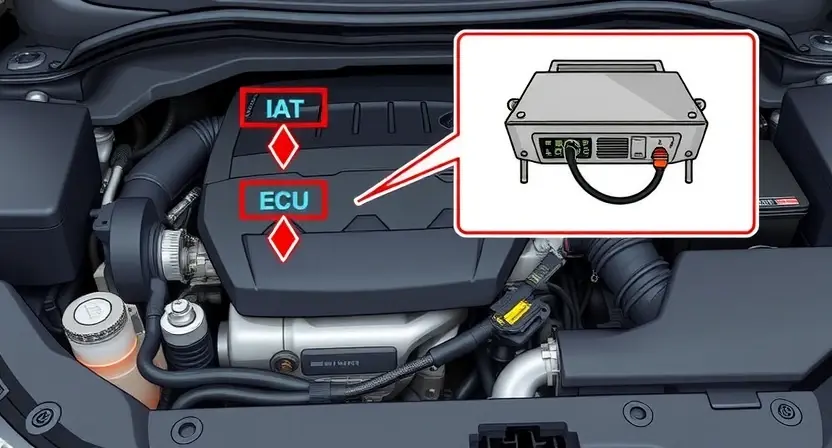 A detailed illustration of a car engine bay with a highlighted intake air temperature (IAT) sensor. The sensor should be clearly visible, with arrows pointing to its location and connections. Include a simplified diagram showing the sensor's function in relation to the engine control unit (ECU). Focus on the sensor itself and its immediate surroundings within the engine compartment.