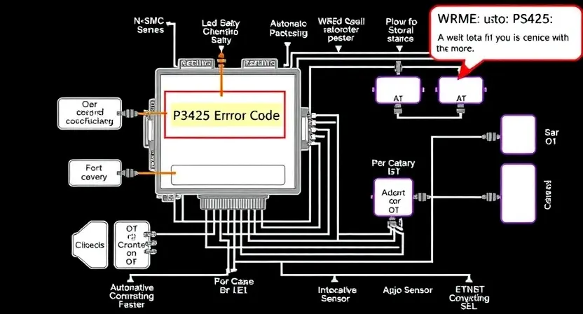 A detailed schematic diagram of an automotive engine control unit (ECU) with a highlighted P3425 error code indicator. The diagram should show the relevant sensors and actuators connected to the ECU, with arrows indicating data flow. Focus on clarity and technical accuracy.
