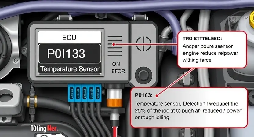 A detailed illustration of an engine control unit (ECU) with various sensors connected to it. Highlight the temperature sensor and its connection to the ECU. Show a visual representation of the P0183 error code and its potential impact on engine performance, such as reduced power or rough idling.