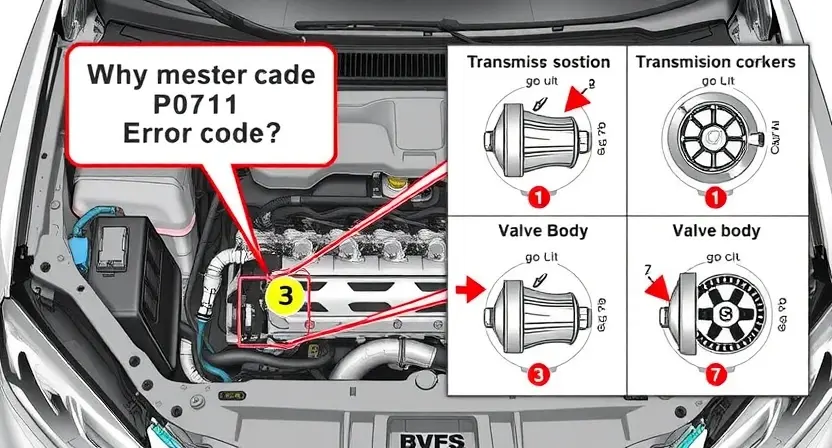 A detailed illustration of a car's engine bay with various components visible, highlighting the potential location of a P0711 error code. Include diagrams showing the relevant systems (e.g., transmission, valve body) and possible causes. Focus on clarity and technical accuracy.