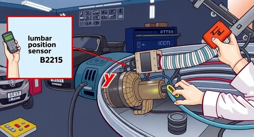 A detailed illustration of a car's diagnostic system, focusing on the circuit of the lumbar position sensor. Show the sensor connected to the car's wiring harness, with clear visual indicators of a potential fault, such as a broken wire or a loose connection. Include a technician using a diagnostic tool to identify the error code B2215. The scene should be set in a well-lit garage with various automotive tools and equipment in the background.
