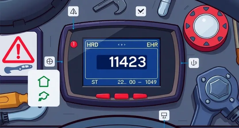 A high-quality technical illustration showing a vehicle's OBD-II diagnostic scanner displaying error code P1423, with clear symbols and interface elements, surrounded by automotive workshop tools and background elements, in the style HQ-832-448-h