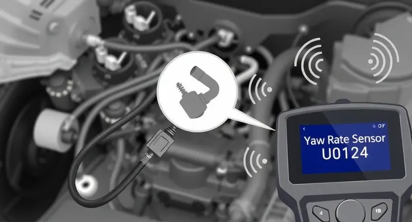 A detailed technical illustration showing a vehicle's lateral acceleration sensor (Yaw rate sensor) with a broken or disconnected wiring harness, set against a car chassis background, with diagnostic tools like an OBD-II scanner displaying error code U0124 on its screen, and subtle motion blur or signal wave icons indicating lost communication, all in a clean, professional automotive engineering style