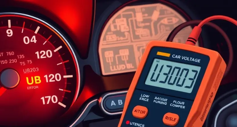 A close-up of a car's dashboard with a warning light illuminated showing the error code U3003, a multimeter probing a car battery showing low voltage, and faint electrical wiring diagrams in the background, all in a realistic, technical automotive illustration style