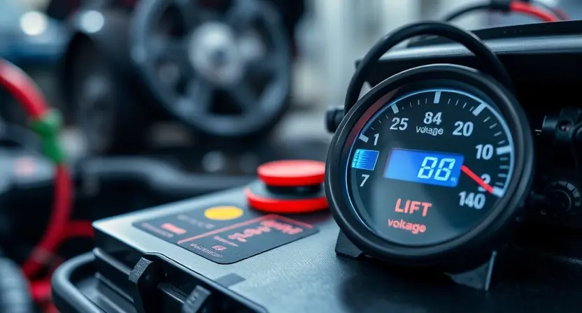 A close-up, detailed illustration of a car battery with a voltmeter displaying a low voltage reading. Wires connected to the battery are visible. The background is a slightly blurred automotive repair shop environment. Focus on the battery and the voltmeter display.