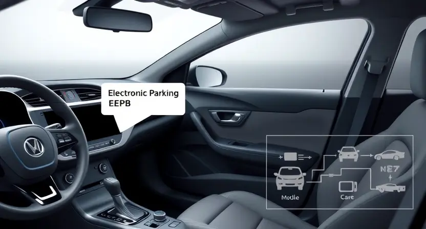 A high-quality technical illustration showing a modern car interior with the electronic parking brake (EPB) module highlighted, a warning indicator light on the dashboard, and a schematic diagram of a communication bus linking the EPB module to other vehicle systems, all rendered in a clean, professional style