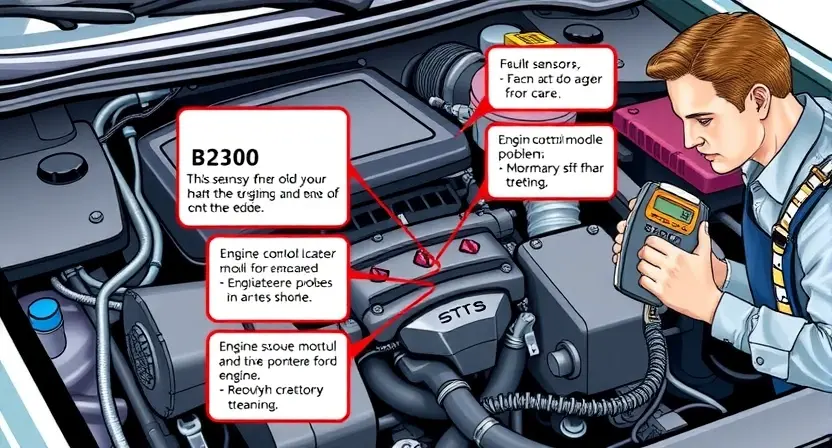 A detailed technical illustration of a car engine with a highlighted B2300 error code area, showing potential causes such as faulty sensors, wiring issues, or engine control module problems. The image should depict a professional mechanic inspecting the engine with diagnostic tools.