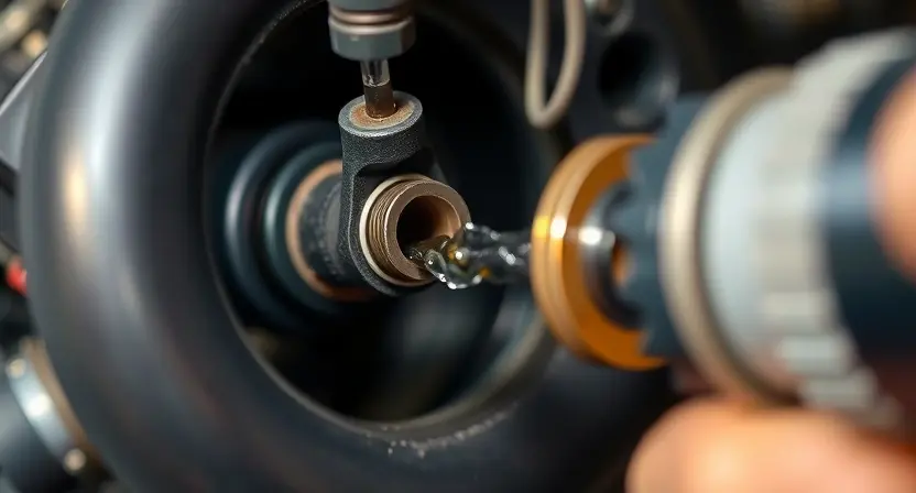 A close-up, detailed image of a car's fuel injector being cleaned with a specialized fuel injector cleaning machine. The injector should be visibly dirty, and the cleaning machine should have clear fluid flowing through it. Focus on the precision and cleanliness aspect of the cleaning process. The background should be a clean, well-lit workshop environment.