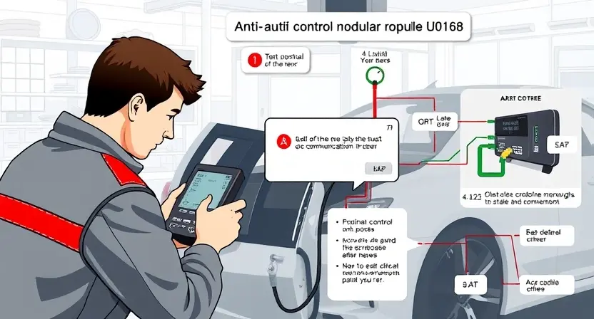 A high-quality technical illustration showing a car's anti-theft control module (U0168 error) with a broken communication link, featuring a technician using diagnostic equipment, clean automotive workshop background, detailed wiring diagrams, clear labels, professional repair manual style, no text or numbers on image