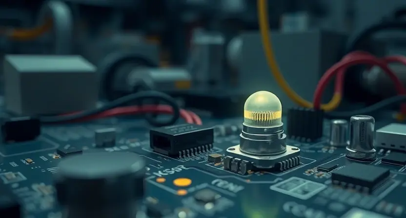 A close-up, detailed illustration of a circuit board with a sensor and signal transmission components. The sensor should be clearly visible, emitting a faint light. Wires connect the sensor to other components on the board. The background should be a dark, blurred industrial setting.