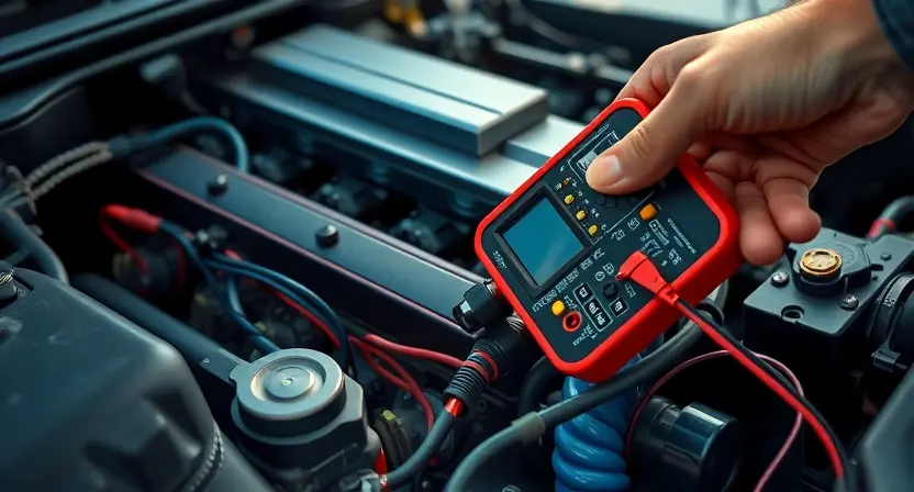 A detailed close-up of a modern car engine bay focusing on the electrical wiring and the ignition coil system. A professional mechanic's hand is using a digital multimeter to test the electrical circuits. The image should convey a sense of technical diagnostics, with a focus on electrical components, wires, and automotive electronics, cinematic lighting, hyper-realistic textures of metal and plastic.