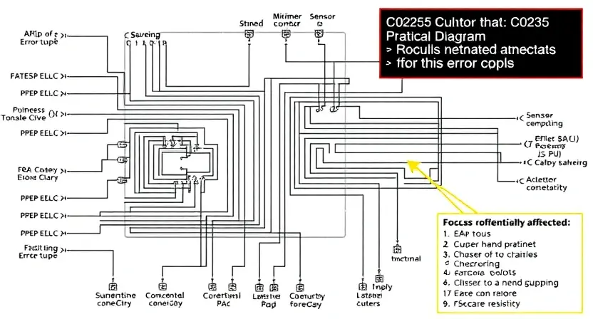 A detailed schematic diagram of a car's engine control unit (ECU) with highlighted components related to the C0255 error code. The diagram should show wiring connections, sensor inputs, and actuator outputs. Focus on the areas potentially affected by the error.