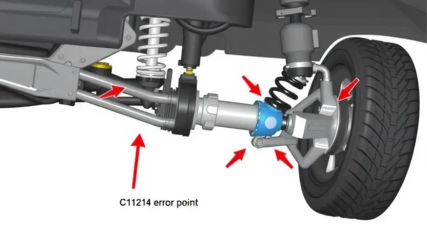 A detailed illustration of a car's suspension system, highlighting the C1214 error point. Show the components like shock absorbers, springs, control arms, and the steering knuckle. Use arrows to indicate the area of potential failure or wear. The background should be a clean, neutral color to emphasize the mechanics.