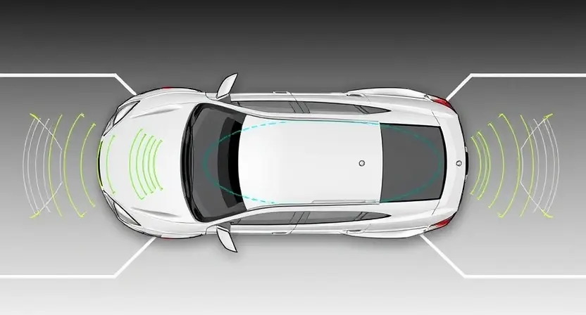 A high-quality technical illustration showing a vehicle's blind spot monitoring system with clear visual indicators of sensor coverage, highlighting the blind spot zones on both sides of the car, rendered in a professional engineering diagram style with precise lines and labels, no text or numbers visible