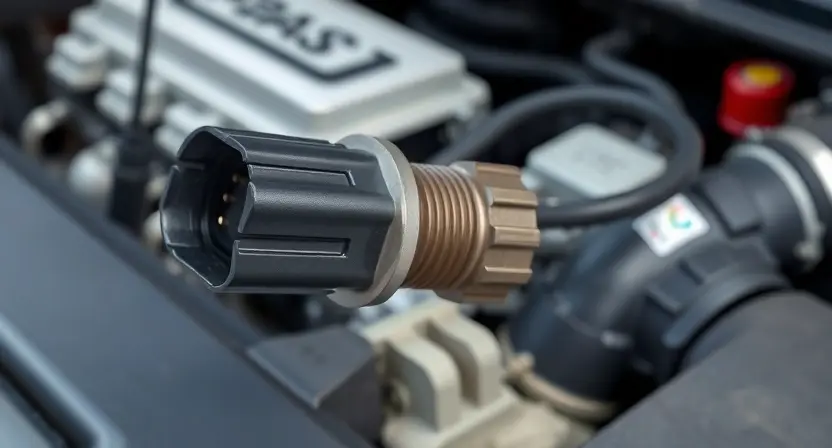 A close-up, detailed illustration of a car's manifold absolute pressure (MAP) sensor. The sensor should be clearly visible, with its electrical connector and wiring. In the background, subtly depict engine components like intake manifold and hoses, suggesting the sensor's location within the engine bay. Focus on the sensor's physical attributes – its shape, size, and any identifying markings. The overall lighting should be bright and clean, emphasizing the sensor's details. The image should conv