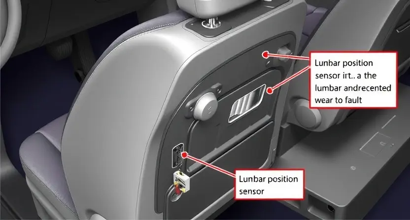 A detailed illustration of a car's electrical system, focusing on the wiring and connections related to the lumbar position sensor. The image should show the sensor's location, its connection points, and any visible damage or wear that could indicate a fault. The background should include a partially disassembled car seat to provide context for the sensor's placement.