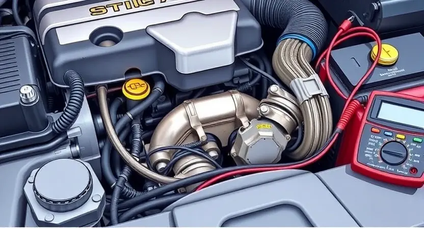 A detailed illustration of an automotive engine bay with a focus on the mass airflow sensor. The sensor should be clearly visible, with diagnostic tools and a multimeter nearby. The background should be slightly blurred to emphasize the sensor.