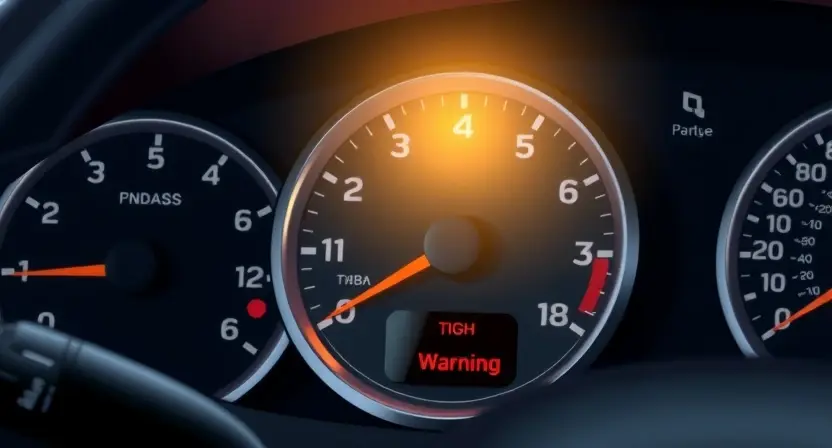 A detailed illustration of a car's dashboard with the cruise control warning light illuminated. Focus on the warning light and the surrounding indicators. The dashboard should be realistically rendered, showing various gauges and controls.
