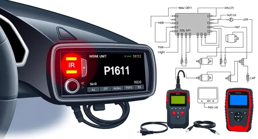 A high-quality technical illustration showing a car engine control unit with a warning light indicating error code P1611, surrounded by schematic diagrams of electronic components and diagnostic tools, clean background, professional automotive repair context