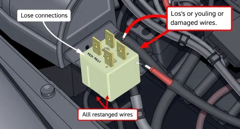 A detailed illustration of a car's electrical relay and wiring harness, highlighting potential issues like loose connections or damaged wires. Focus on the relay itself, its connections, and the surrounding wiring.