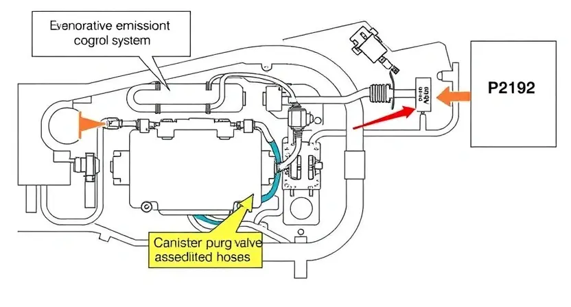 A detailed schematic diagram of a vehicle's evaporative emissions control system, highlighting the canister purge valve and associated hoses. The diagram should be clean, well-labeled, and visually clear, emphasizing the components related to the P2192 error code. Focus on the connections and flow of air within the system.