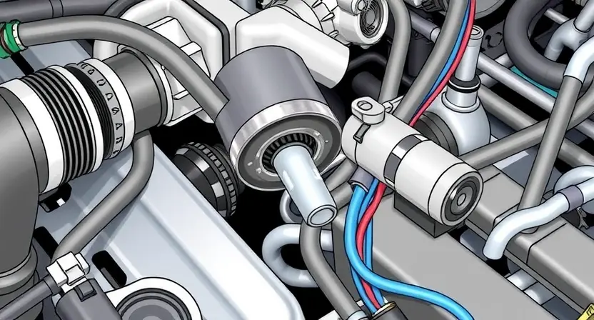 A close-up, detailed illustration of an engine bay with a focus on the Intake Air Temperature (IAT) sensor and its wiring. Show the sensor itself, the wiring harness connected to it, and the connector. The background should include other engine components, but the IAT sensor should be the clear focal point. The lighting should be bright and even to highlight the details of the components.
