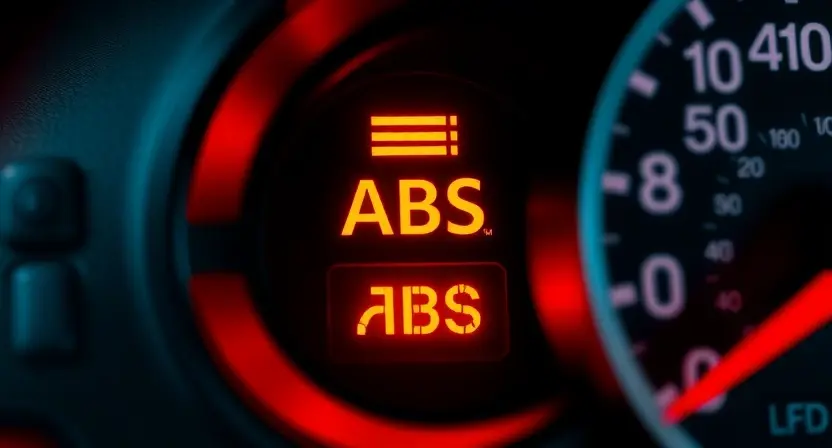 A close-up, detailed illustration of a car's dashboard with the ABS warning light illuminated. Focus on the warning light itself, showing its red color and the 'ABS' letters. The background should be slightly blurred, suggesting a car interior. The overall lighting should be realistic and highlight the warning light.