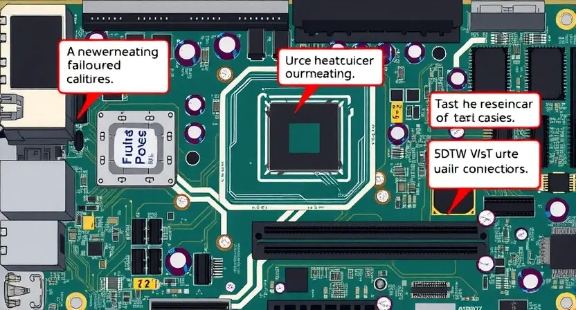 A detailed illustration depicting a computer motherboard with various components, highlighting potential hardware failure points. Include visual cues suggesting overheating, damaged capacitors, or loose connections. Focus on clarity and precision to represent technical details.