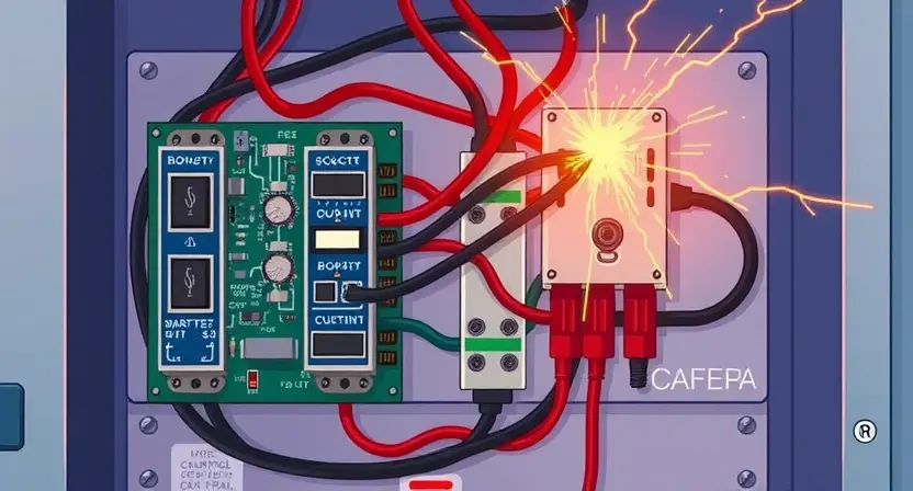 A detailed illustration of an electrical control circuit with a high voltage indicator, showing a potential fault or overload. Focus on the circuit board, wires, and components. Include visual cues indicating high voltage, such as glowing components or sparks.