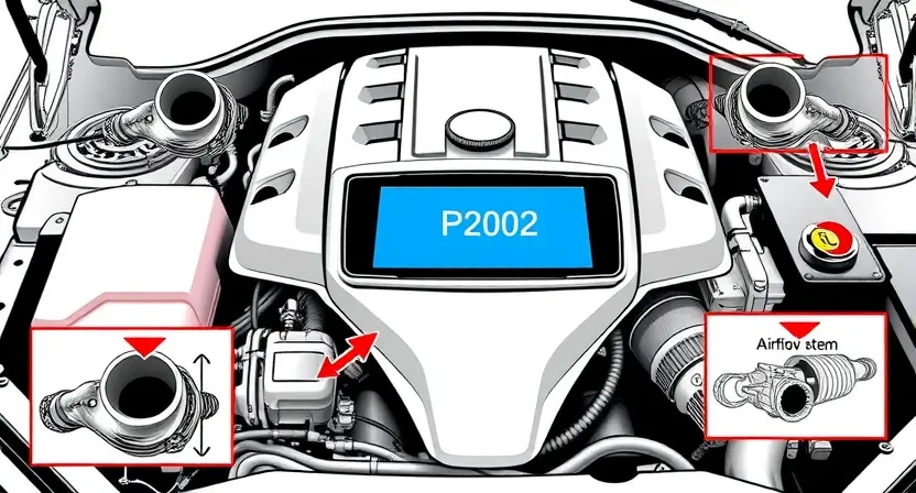 A high-quality technical illustration showing a car engine with a highlighted error code P2002 on a diagnostic screen, surrounded by schematic diagrams of exhaust system components and arrows indicating airflow issues, clean white background, sharp focus, professional technical drawing style
