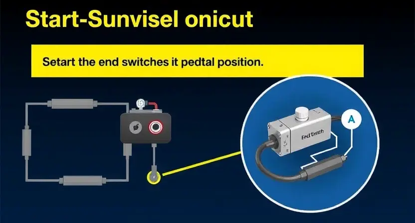 A detailed illustration of a start-stop system pedal circuit with a close-up of the end switch. The circuit should show the components involved, including wiring and the end switch itself. The image should be scientifically accurate and visually clear, highlighting the function of the end switch in detecting pedal position.