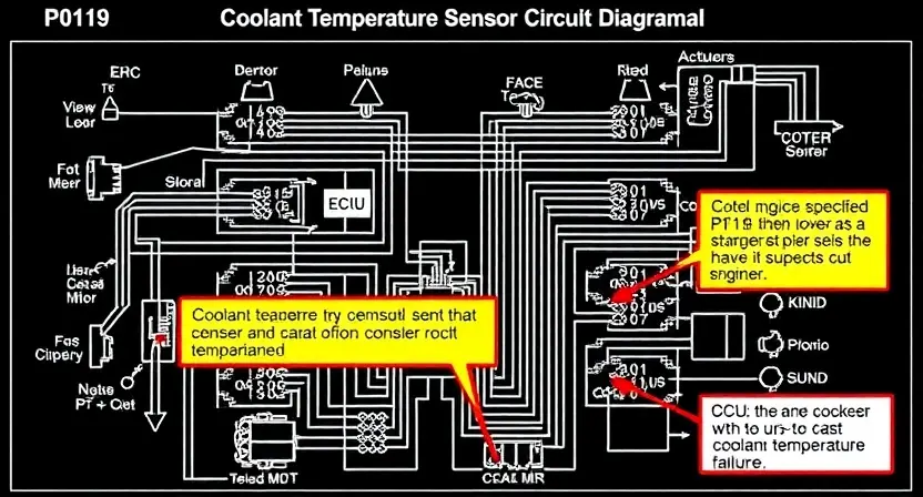 A detailed schematic diagram of an engine control unit (ECU) with highlighted components related to the P0119 error code (coolant temperature sensor circuit malfunction). The diagram should show the sensor, wiring, ECU, and relevant engine systems. Focus on the electrical connections and potential points of failure.