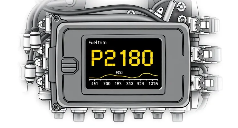 A detailed illustration of an engine control unit (ECU) displaying a diagnostic code P2180. The ECU should be surrounded by a visual representation of fuel injectors and sensors, subtly indicating a fuel mixture issue. Focus on the digital display showing the code and a simplified graph representing fuel trim.